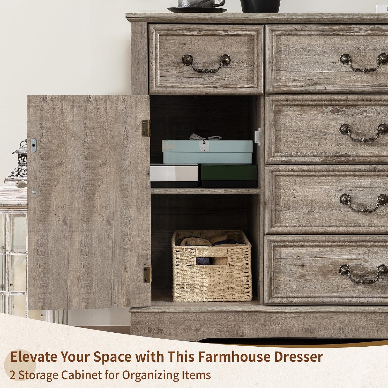 Homkdom Dresser for Bedroom with 6 Drawers & 2 Doors with Silent Gliding Drawers for Bedroom,Dining Room, Hallway,Grey