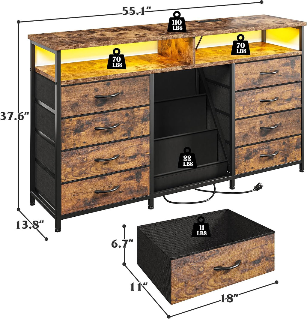 EnHomee 55 ' W Dresser for Bedroom with Bookrack & 8 Fabric Drawers, Dresser TV Stand with Power Outlet & LED Lights for 65 Inch TV, Chest of Drawers for Cabinet, Entryway,Rustic Brown