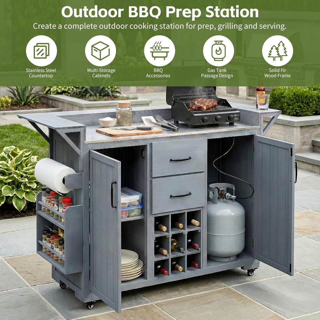 Modern 60.2''W Outdoor Kitchen Island with Wheels,Rolling Patio BBQ Cart with Stainless Steel Top,Wood Grill Cart with Spice Rack&Wine Rack,2 Drawers (Gray-T)