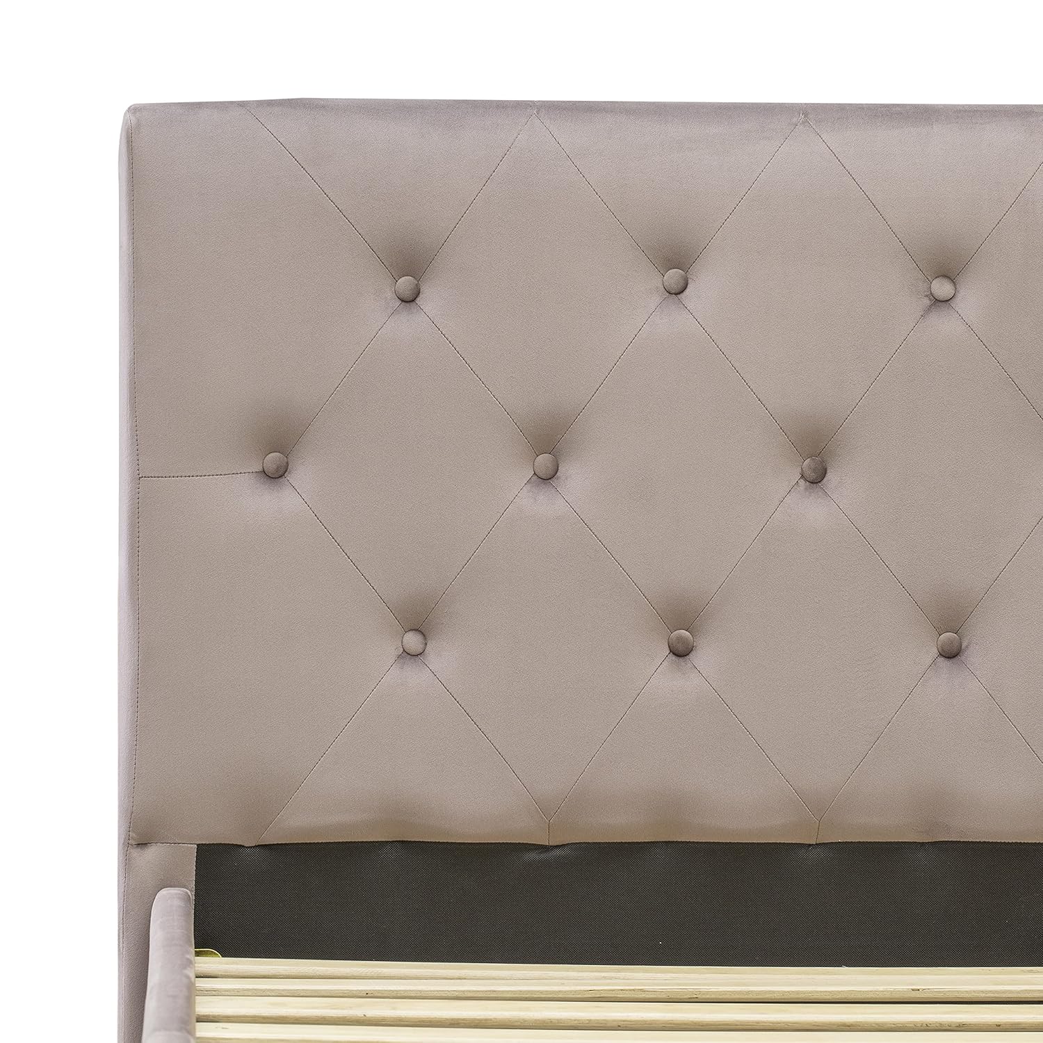East West Furniture NL14F-1GO11 2 Piece Bedroom Set - Button Tufted Platform Bed Frame - Brown Taupe Velvet Fabric Upholstered Headboard and a Black Finish Nightstand