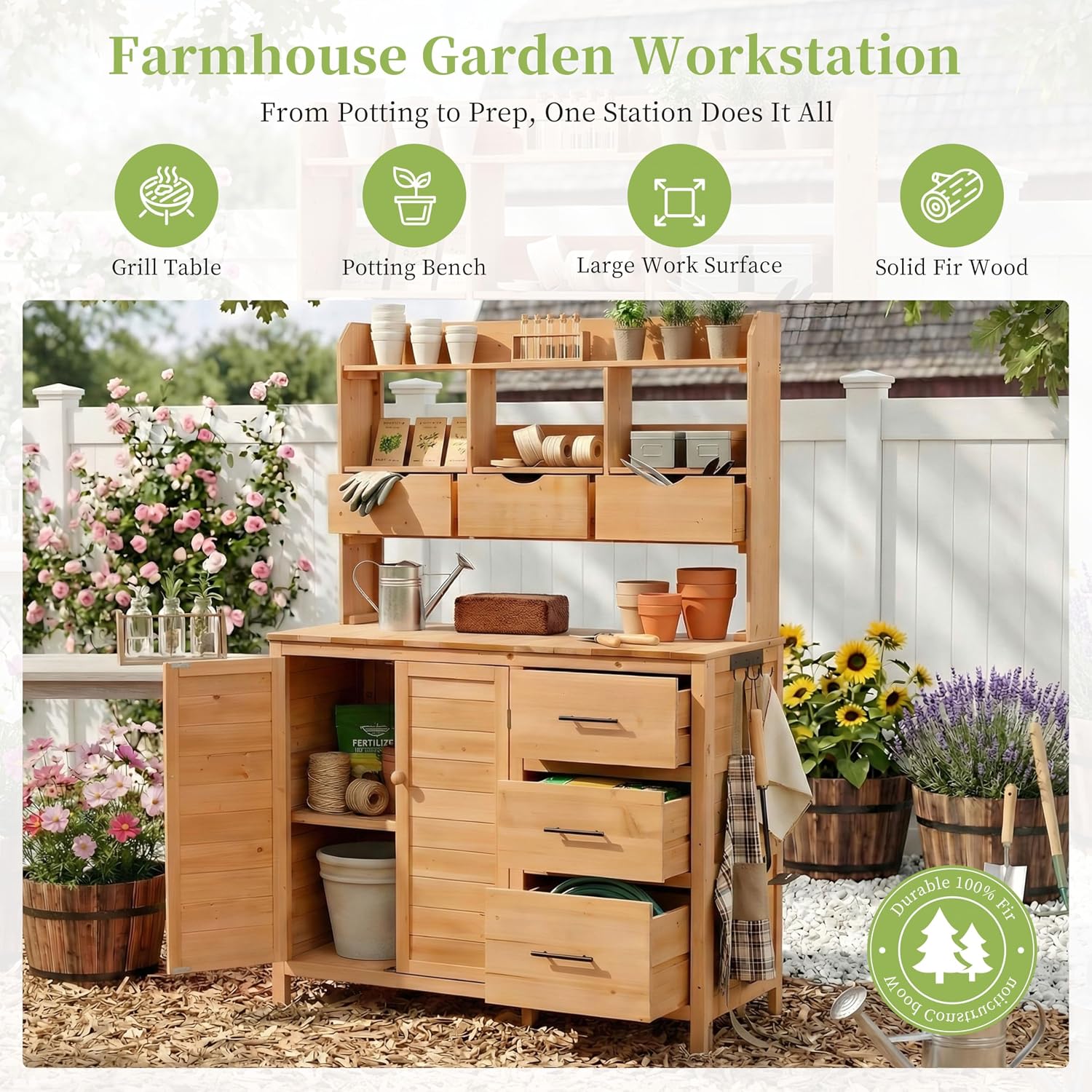 Farmhouse Patio Potting Bench with Storage Cabinet, 65' H Garden Workstation with 6 Drawers and Side Hooks, Outdoor Kitchen Island with Adjustable Shelf for Patio, Backyard, Natural