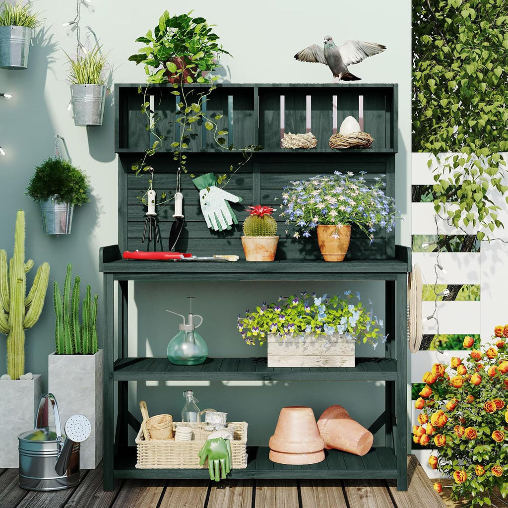 JIJIWANG 65' Large Wooden Farmhouse Rustic Outdoor Potting Bench Table, Patio Workstation, Garden Potting Bench with 4 Storage Shelves and Side Hook, Forest Green