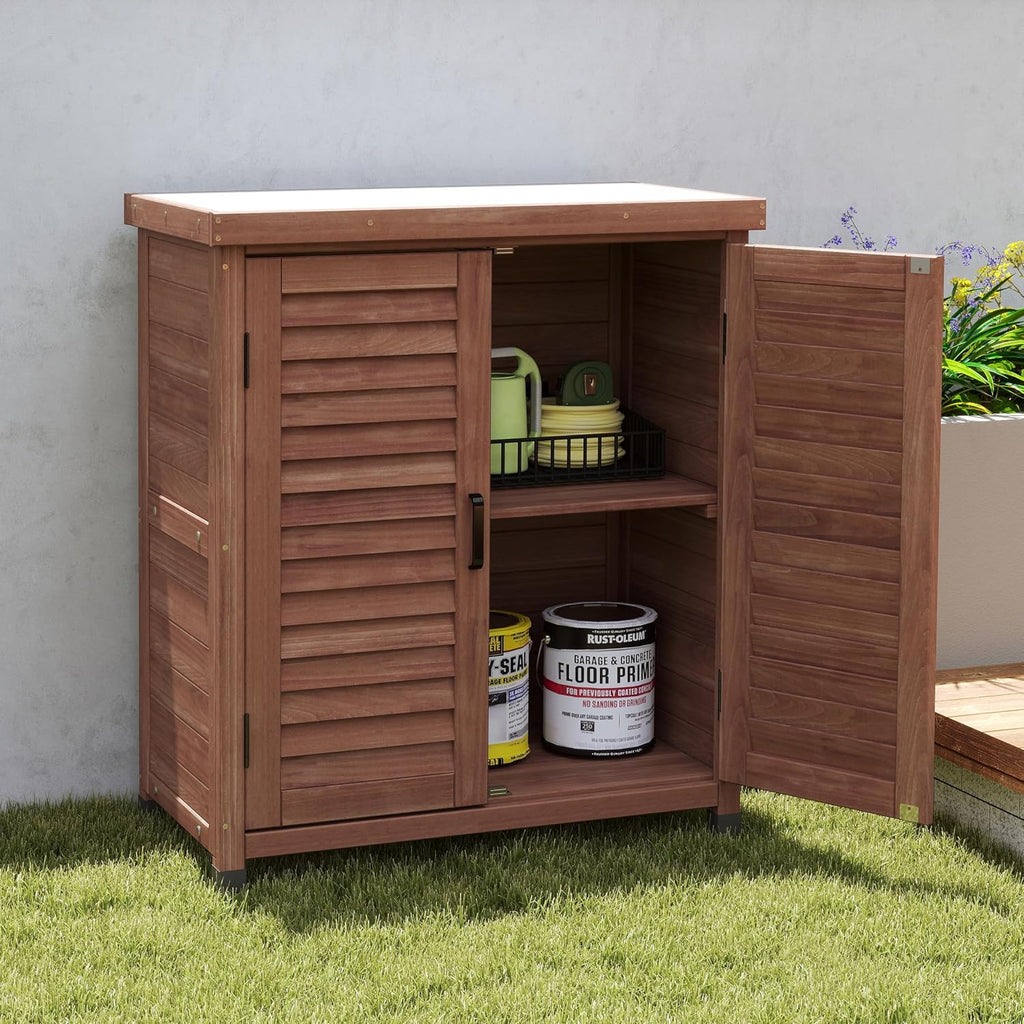 Potting Bench with Storage Cabinet and Metal Table Top for Outdoor Patio, GFurniture Wood Workstation Coffee 31.5x17x36''