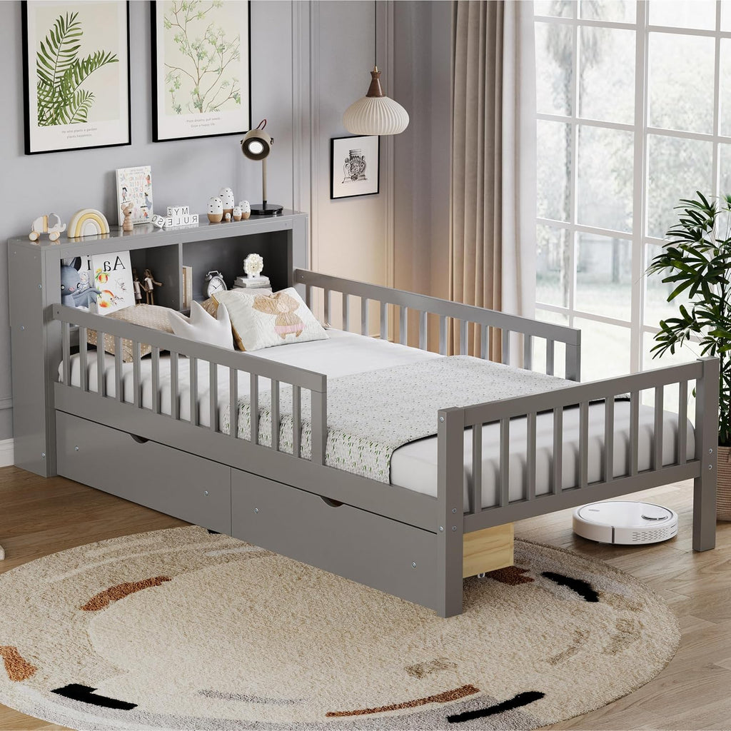Kids Twin Size Bed Frame with Storage Drawers and Bookcase,Wood Twin Bed Frames for Kids,Twin Bed Frame with Headboard and Footboard for Boys Girls,No Box Spring Needed,Gray