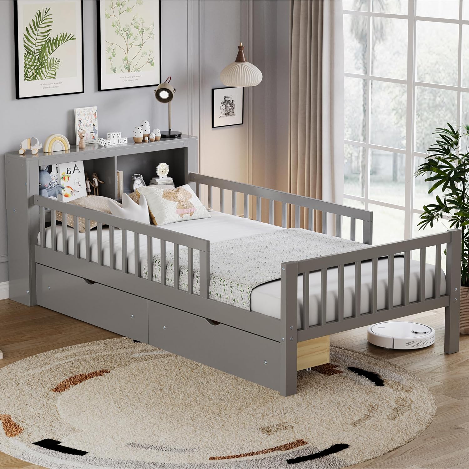 Kids Twin Size Bed Frame with Storage Drawers and Bookcase,Wood Twin Bed Frames for Kids,Twin Bed Frame with Headboard and Footboard for Boys Girls,No Box Spring Needed,Gray
