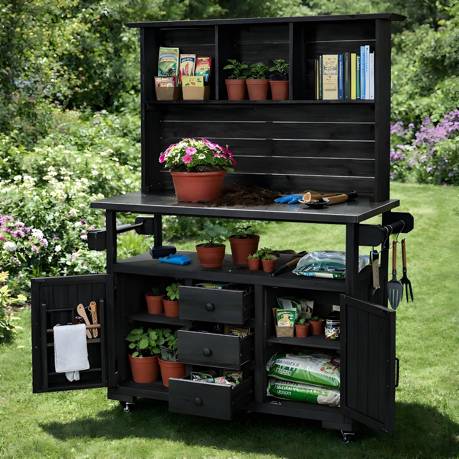 65' H Garden Potting Bench with Storage, Outdoor Wood Kitchen Island Stainless Steel Top, Lockable Wheels, Drawers, Door Shelves & Hutch for Patio Grilling Station, Black
