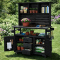 65''H Large Garden Storage Potting Bench with Lockable Wheels, Wood Outdoor Kitchen Island with Stainless Steel top, Drawers, Door Shelves and Hutch (Black-Wheels)