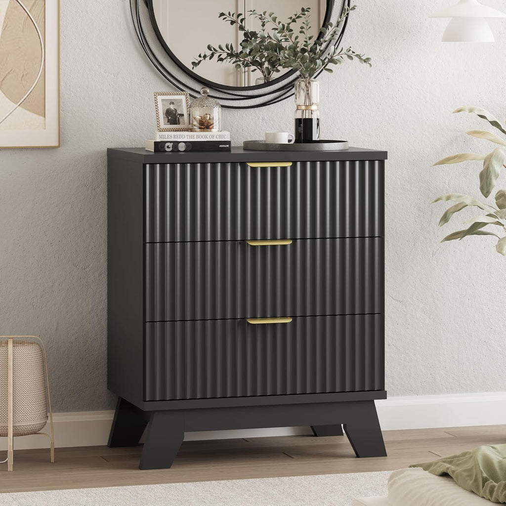 Fluted Dresser for Bedroom with 3 Drawers, 24' Wide Modern Chest of Drawers with Metal Handle, Wooden Dresser TV Stand, Wood Closet Clothes Storage Drawer Organizer for Living Room, Hallway, Black