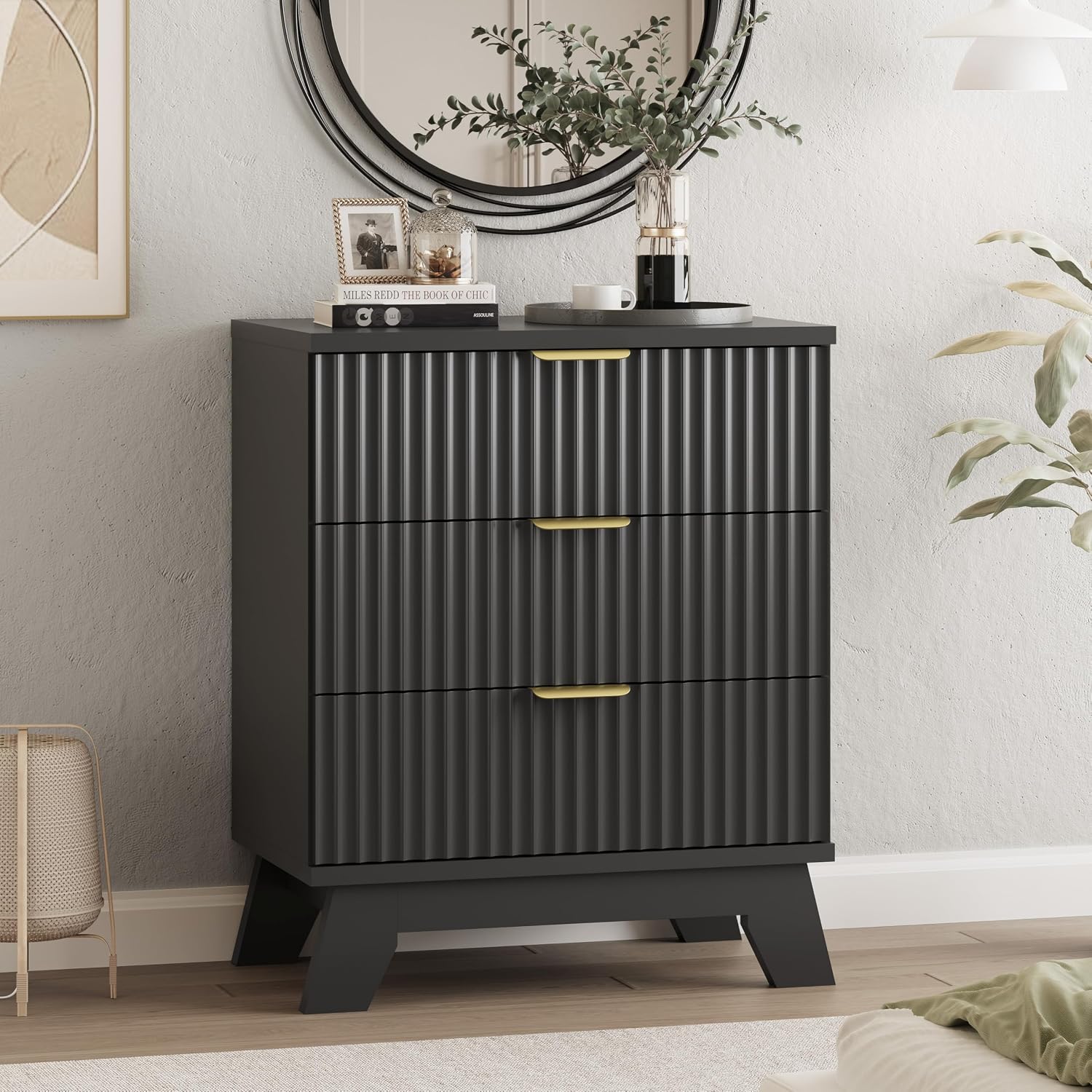 Fluted Dresser for Bedroom with 3 Drawers, 24' Wide Modern Chest of Drawers with Metal Handle, Wooden Dresser TV Stand, Wood Closet Clothes Storage Drawer Organizer for Living Room, Hallway, Black