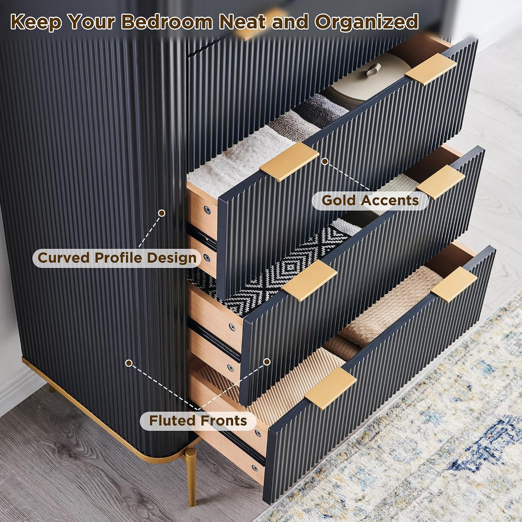 T4TREAM Fluted 5 Drawers Dresser for Bedroom, 48' Tall Modern Dresser Chest of Drawers, Gold Accents, Fluted Fronts, Wood Storage Dressers Organizer for Bedroom, Living Room, Dark Grey