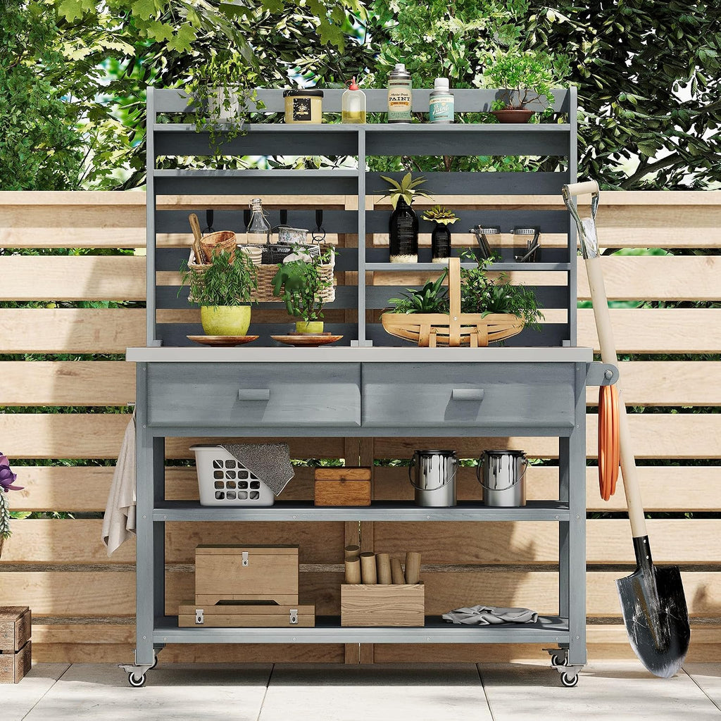 64.9'H Outdoor Potting Bench with Upper Hutch, Solid Fir Wood Garden Work Table with Stainless Steel Top, 2 Drawers, Adjustable Shelves, Towel Rack, Lockable Wheels for Grilling Lawn Patio, Grey Blue