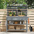 64.9'H Outdoor Potting Bench with Upper Hutch, Solid Fir Wood Garden Work Table with Stainless Steel Top, 2 Drawers, Adjustable Shelves, Towel Rack, Lockable Wheels for Grilling Lawn Patio, Grey Blue