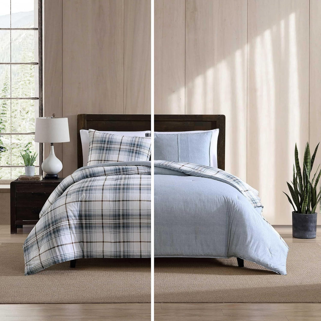 Eddie Bauer - King Comforter Set, Reversible Cotton Bedding with Matching Shams, Plaid Home Decor (Alder Blue/Grey, King)