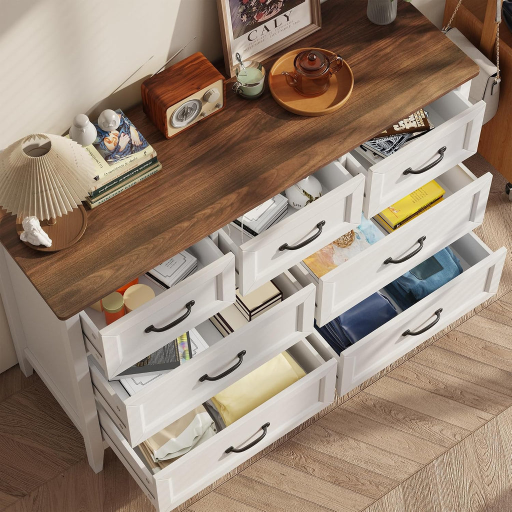 Gizoon Farmhouse 7 Drawers Dresser, White Chest of Drawers with Metal Handles, 47' Wide Wooden Storage Organizer for Bedroom, Hallway, Living Room, Tabletop-Retro