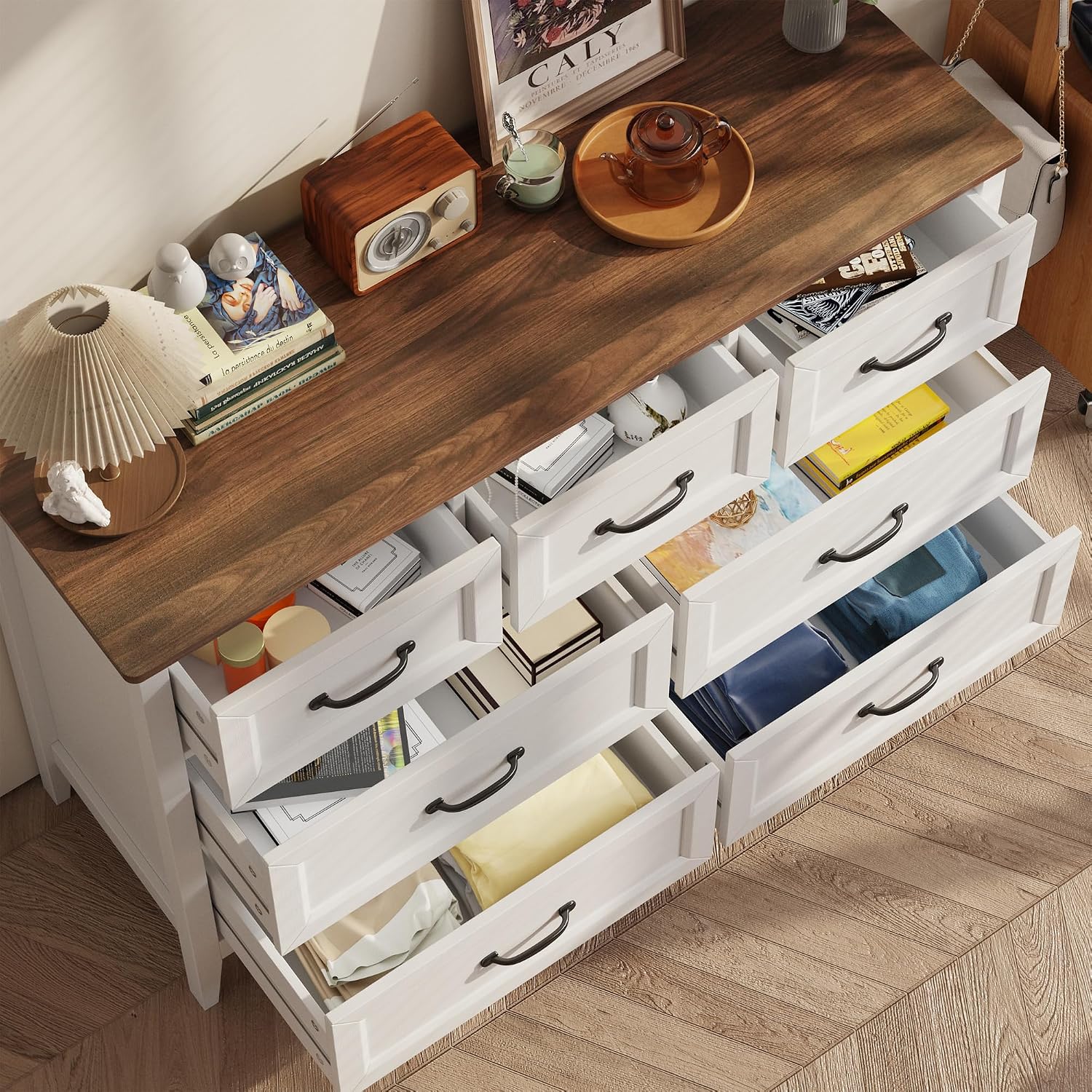 Gizoon Farmhouse 7 Drawers Dresser, White Chest of Drawers with Metal Handles, 47' Wide Wooden Storage Organizer for Bedroom, Hallway, Living Room, Tabletop-Retro