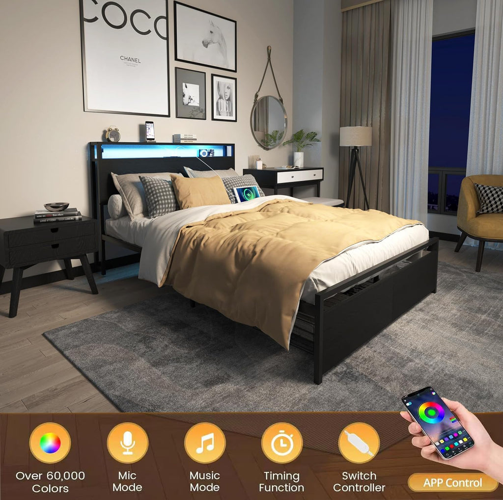 Bellemave Full Size Bed Frame with 2 Storage Drawers and Charging, Full Size Bed Frame with Headboard and Charging Station and with Led Lightstation, No Box Spring Needed, (Full, Black)