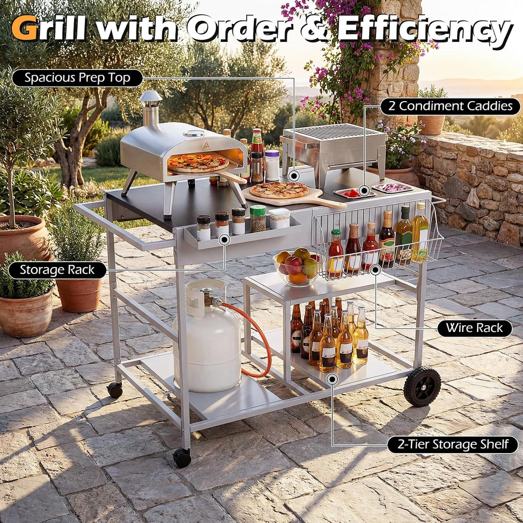 HAPPYGRILL Outdoor Grill Cart, Movable BBQ Pizza Oven Stand w/Lockable Wheels, Grill Tables w/Garbage Bag Holder, Removable Hooks, Portable Cooking Prep Table for BBQ Party