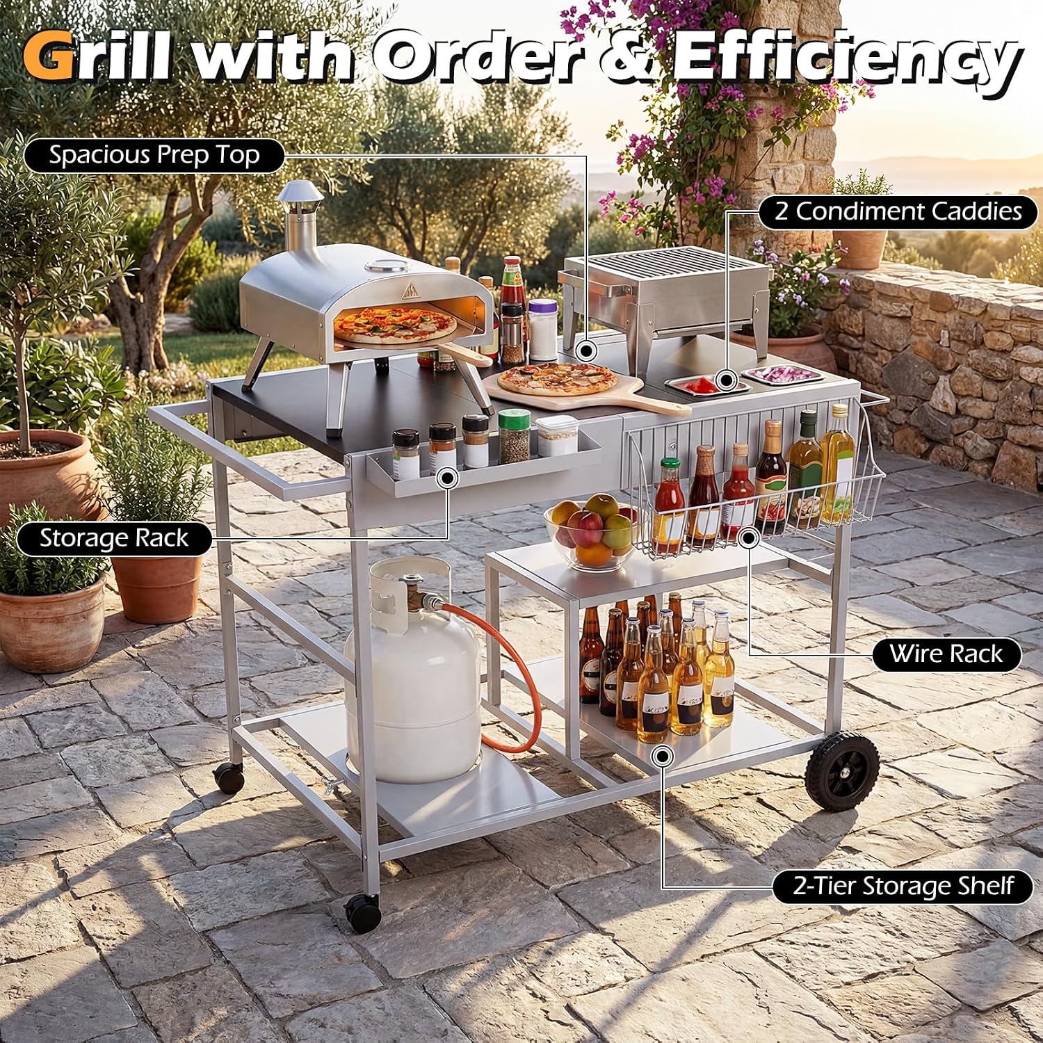 HAPPYGRILL Outdoor Grill Cart, Movable BBQ Pizza Oven Stand w/Lockable Wheels, Grill Tables w/Garbage Bag Holder, Removable Hooks, Portable Cooking Prep Table for BBQ Party