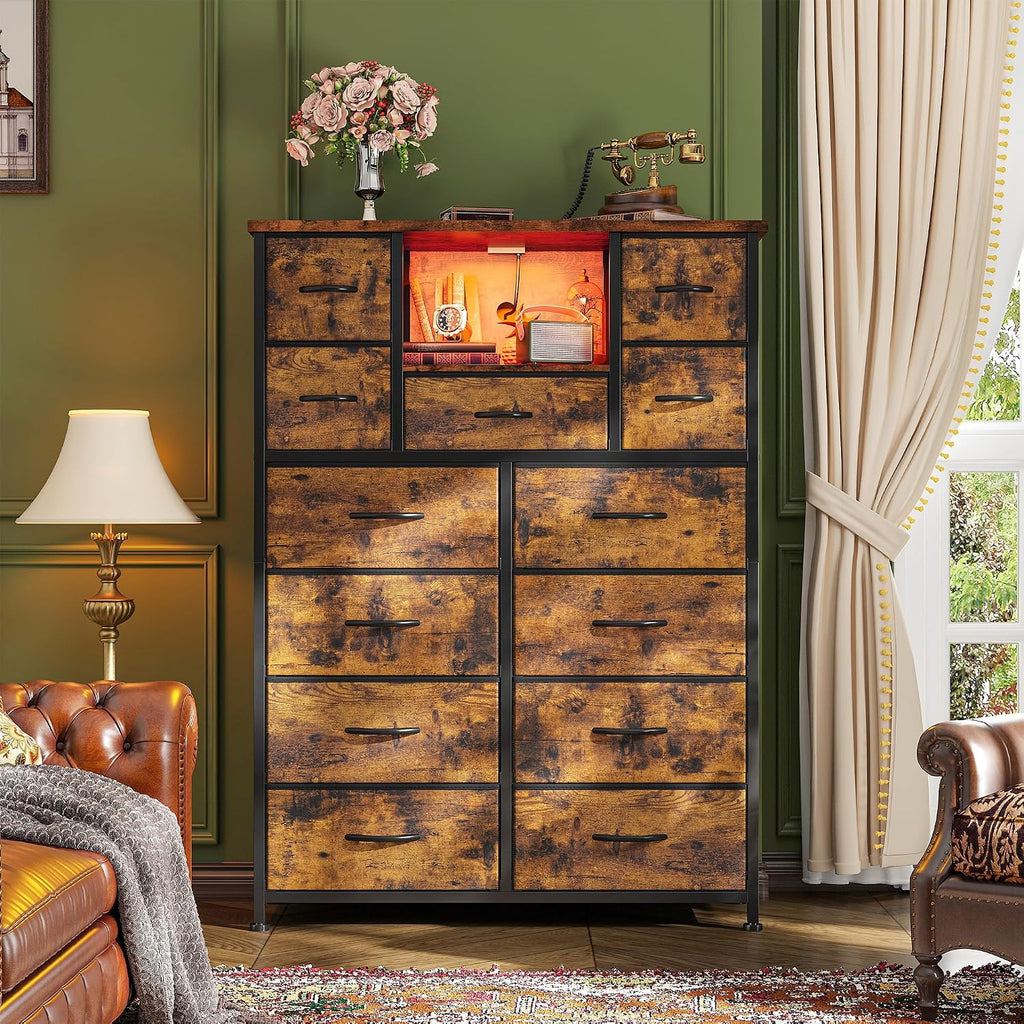 Romorgniz Dresser for Bedroom with 13 Fabric Drawers, Dressers with LED & 4 Charging Ports, 47''H Chest of Drawers with Open Storage Shelves for Hallway, Entryway, Rustic Brown