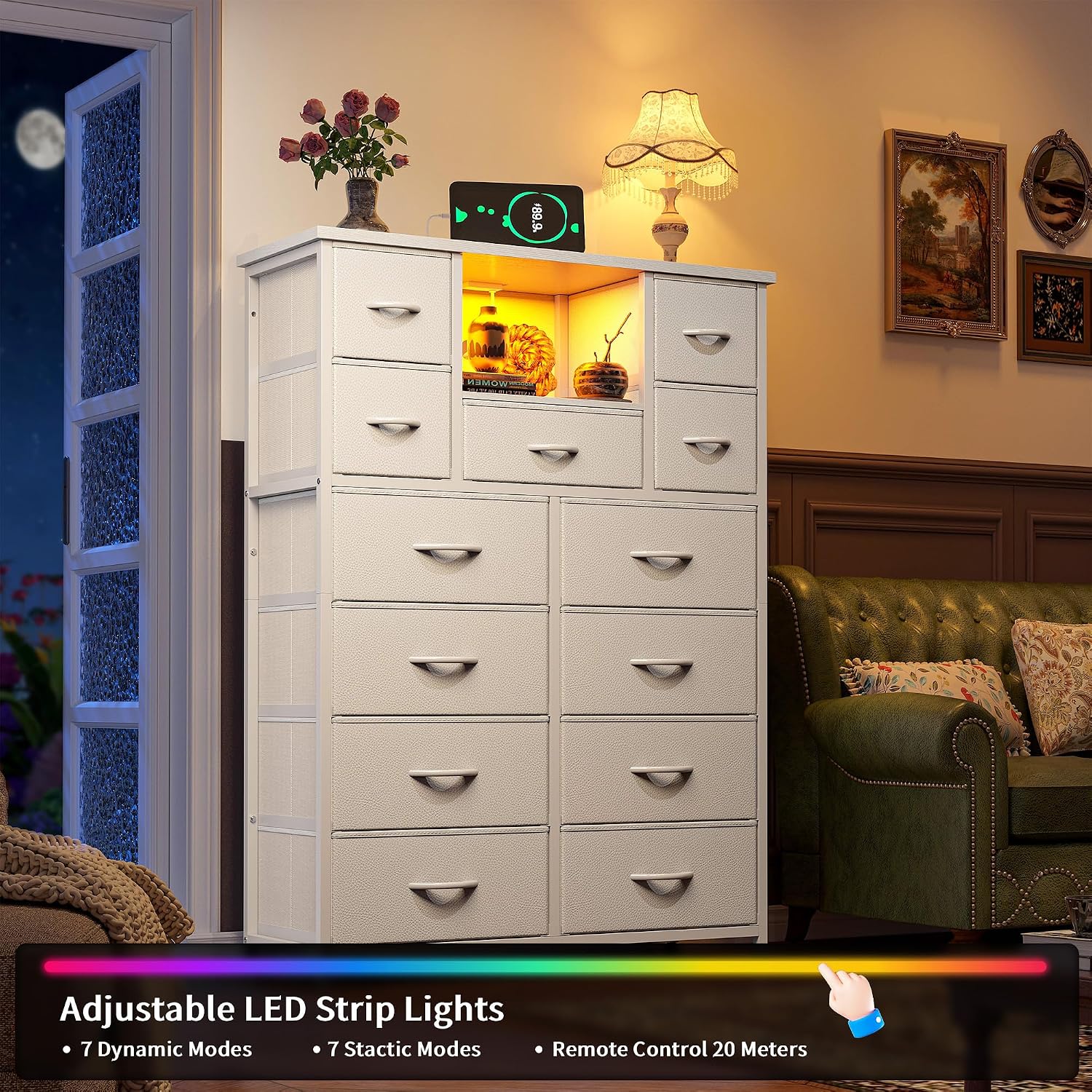 Romorgniz Dresser for Bedroom with 13 Fabric Drawers, White Dresser with LED and 4 Charging Ports and Open Shelves, 47''H Chest of Drawers for Entryway, Hallway
