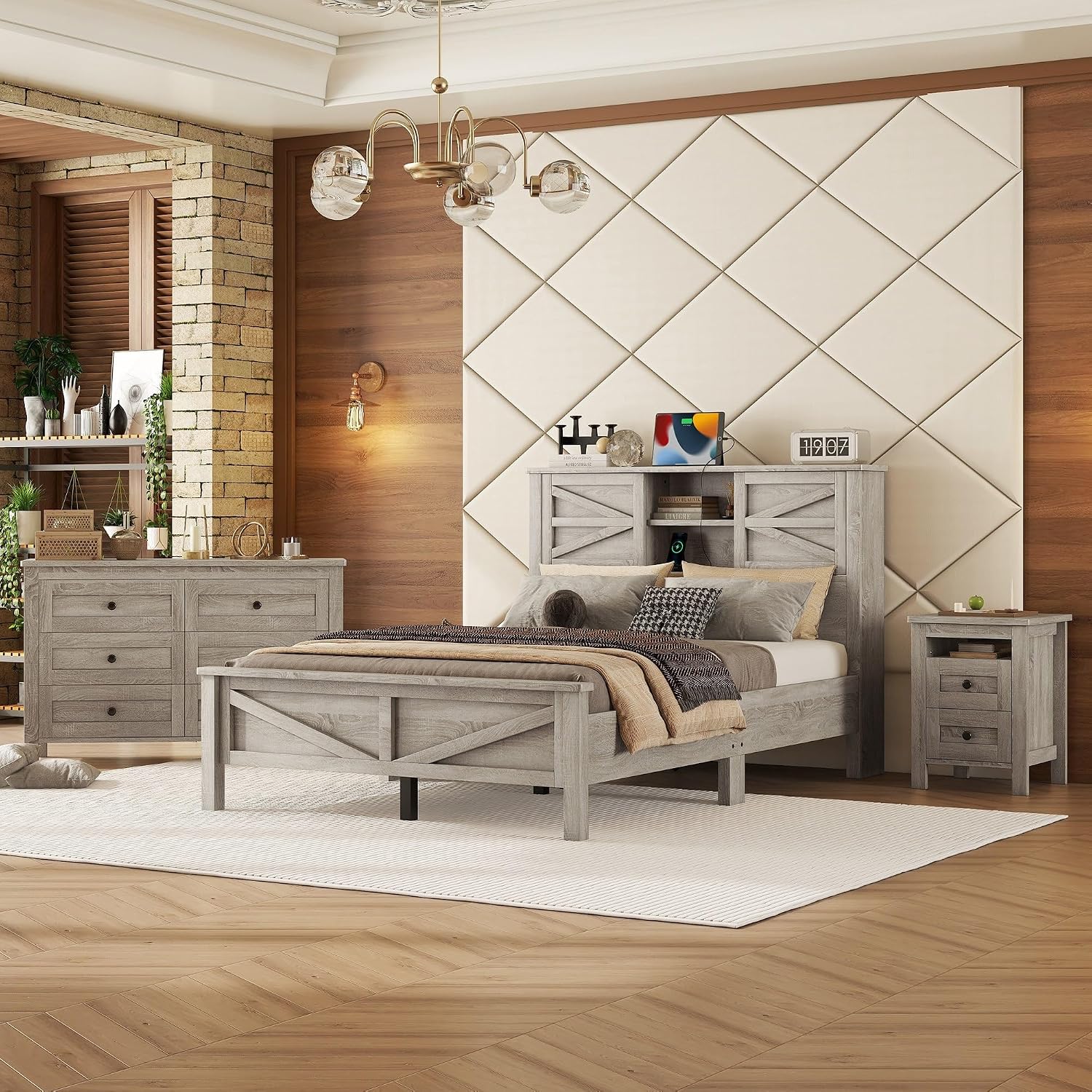 Polibi 3-Pieces Bedroom Sets Full Size Platform Bed with Double Sliding Door Charging Headboard, Socket & USB, Includes Bedside Table and Dresser, Antique Gray