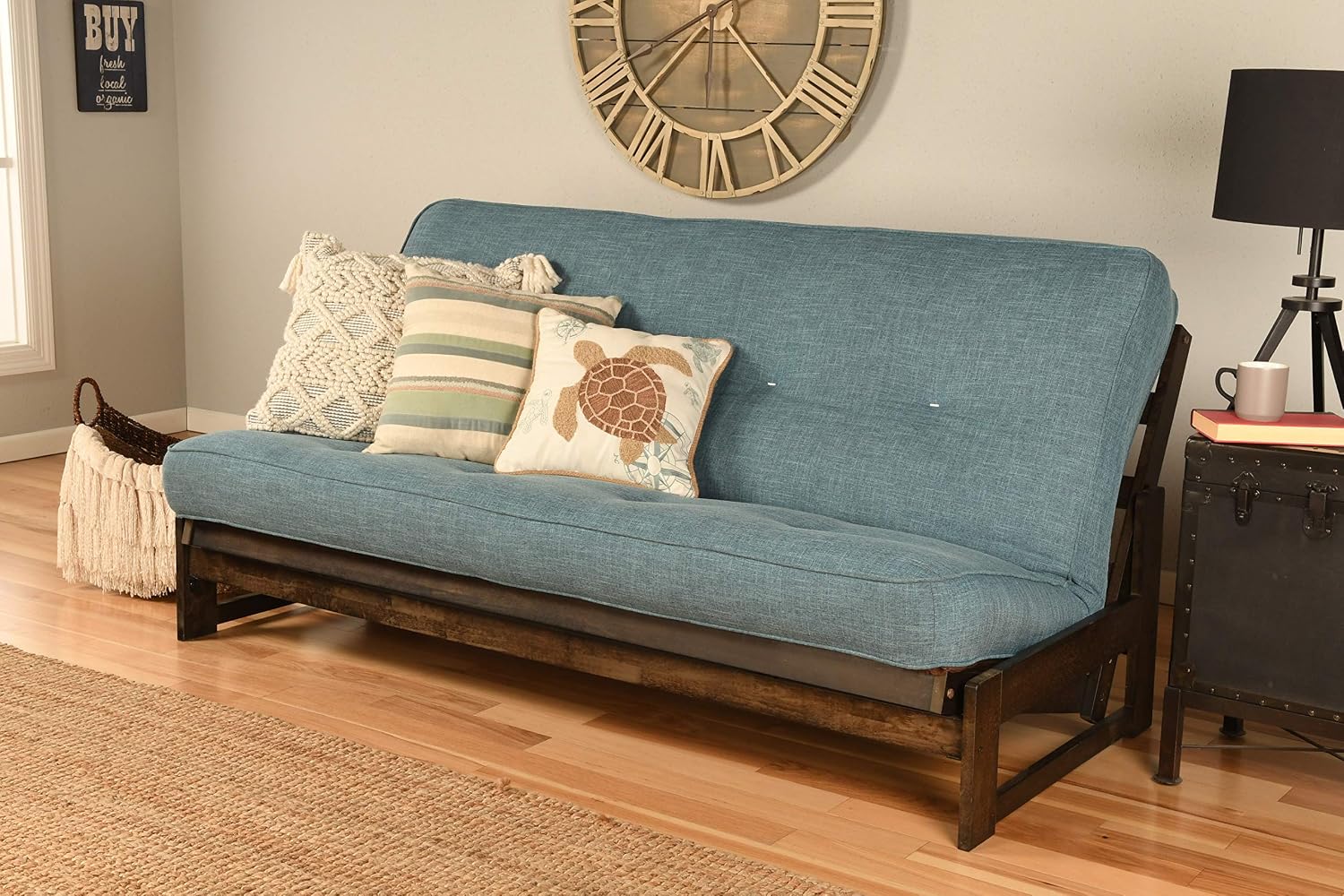 Kodiak Furniture Aspen Futon Set with Reclaim Mocha Finish, Linen Aqua Mattress, Full