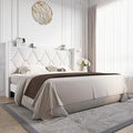 Allewie Velvet King Size Upholstered Bed Frame with Wingback Storage Headboard & Charging Station, Platform Bed with Diamond Tufted Design & Gold Trim, No Box Spring Needed, Easy Assembly, White