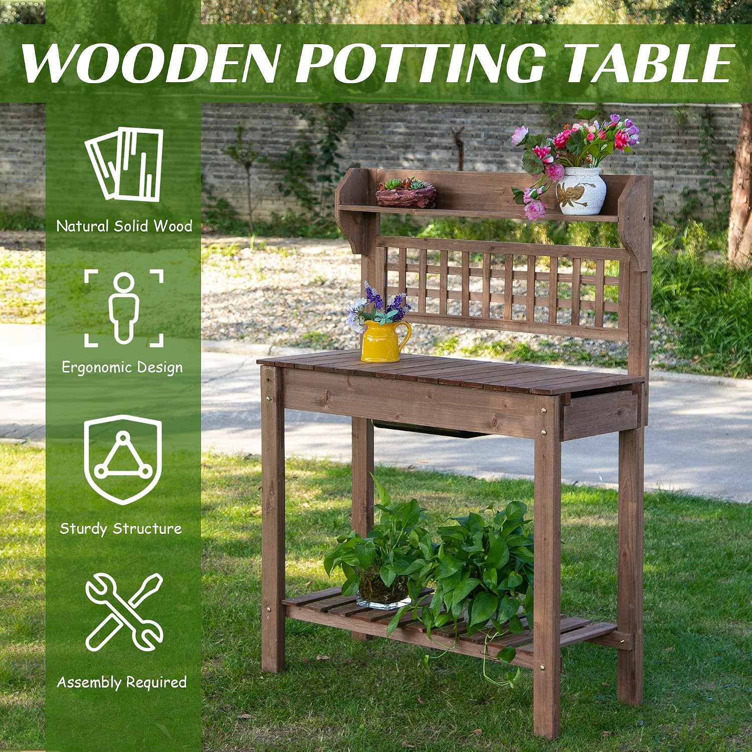 GOWE Outdoor Potting Bench Table, Wooden Workstation, Storage Shelf and Dry Sink