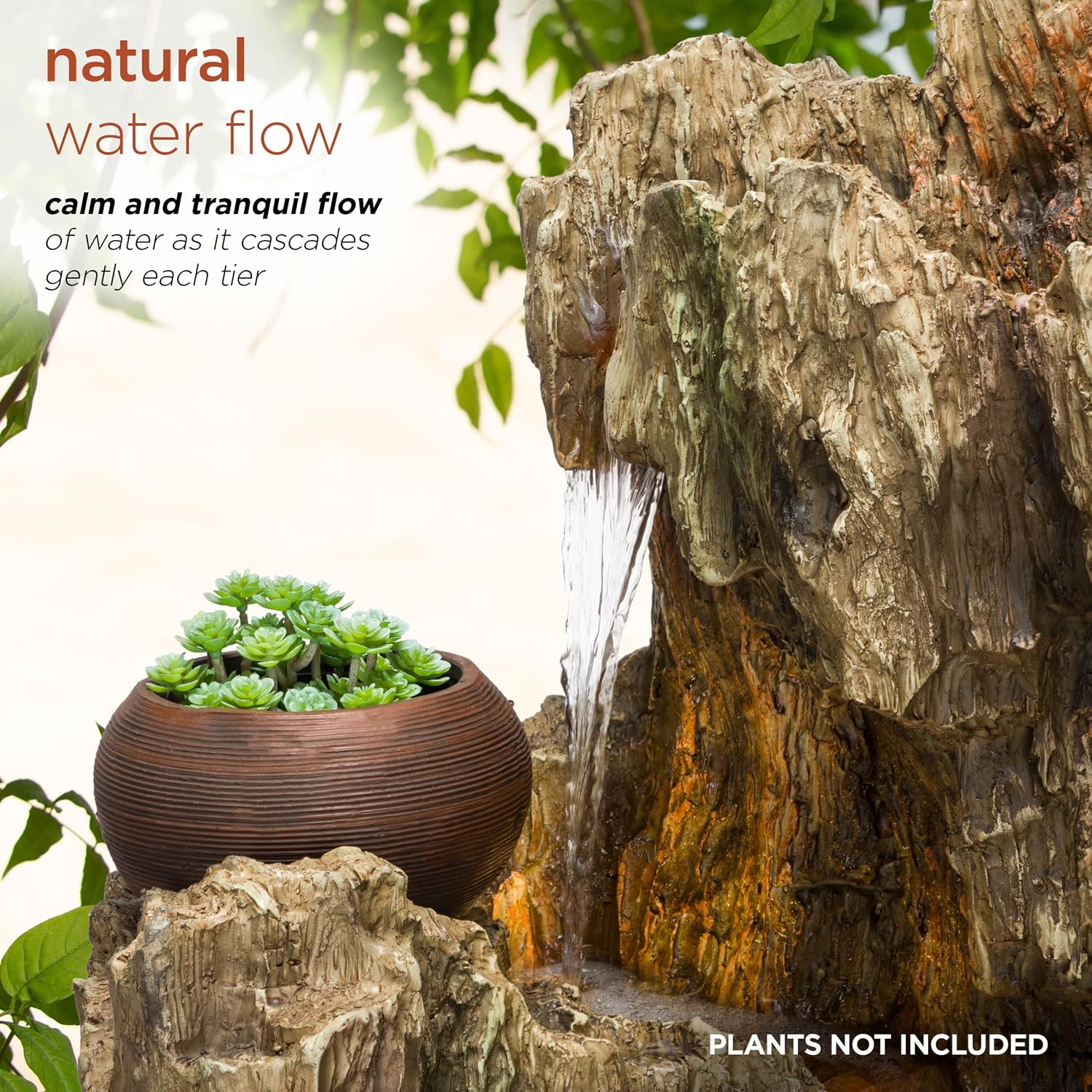 Alpine Corporation WIN1530 Indoor/Outdoor Floor Waterfall, Tree Trunk Fountain w/LED Lights & 2 Flower Pots, 52', Brown