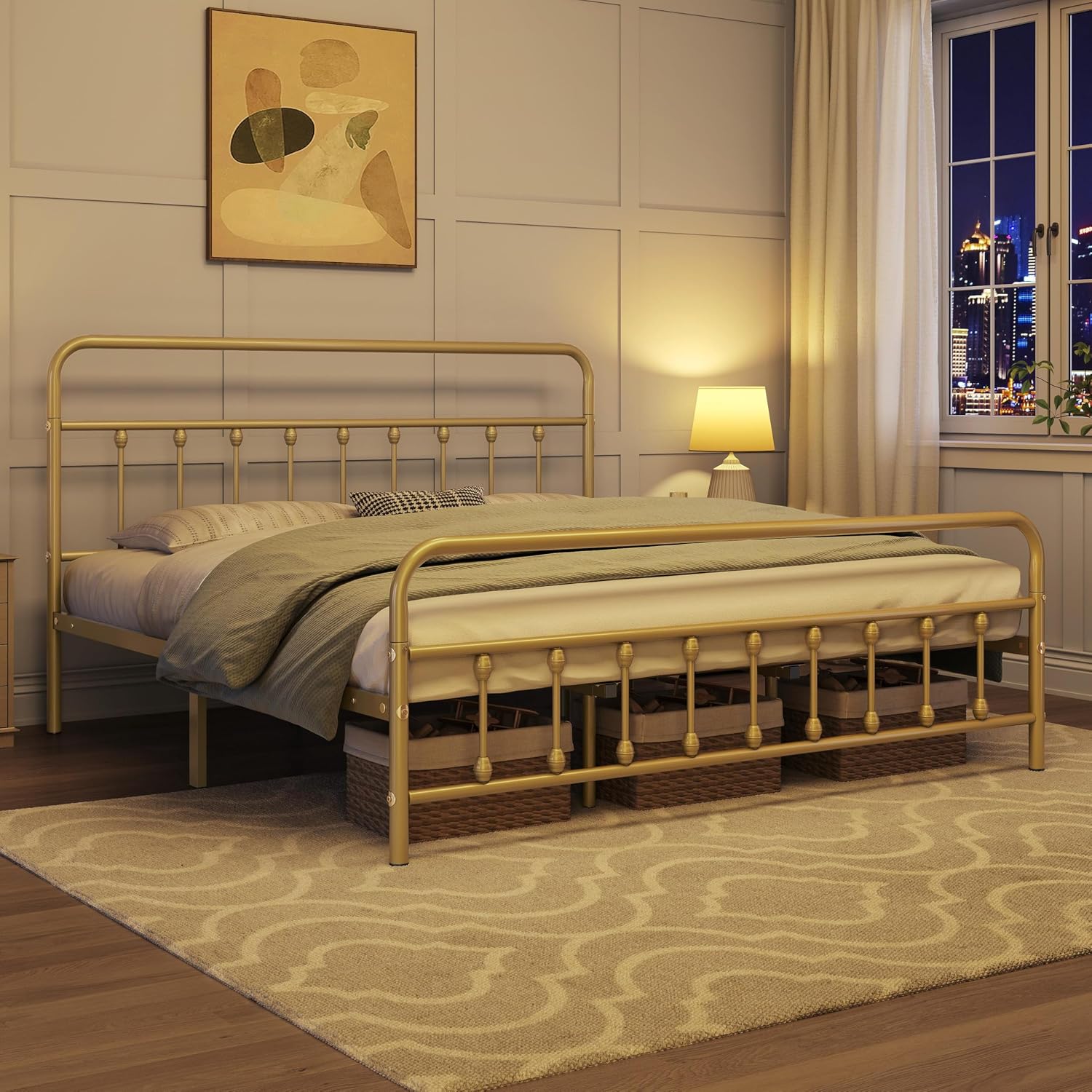 Topeakmart King Size Victorian Style Metal Bed Frame with Headboard/Mattress Foundation/No Box Spring Needed/Under Bed Storage/Strong Slat Support Antique Gold