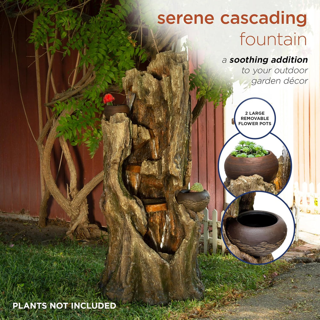 Alpine Corporation WIN1530 Indoor/Outdoor Floor Waterfall, Tree Trunk Fountain w/LED Lights & 2 Flower Pots, 52', Brown