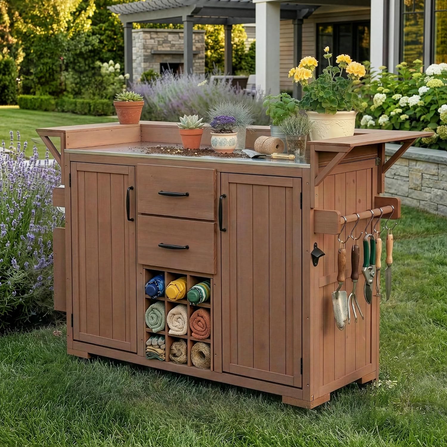 Modern 60.2''W Outdoor Kitchen Island with Wheels,Rolling Patio BBQ Cart with Stainless Steel Top,Wood Grill Cart with Spice Rack&Wine Rack,2 Drawers (Brown-T)