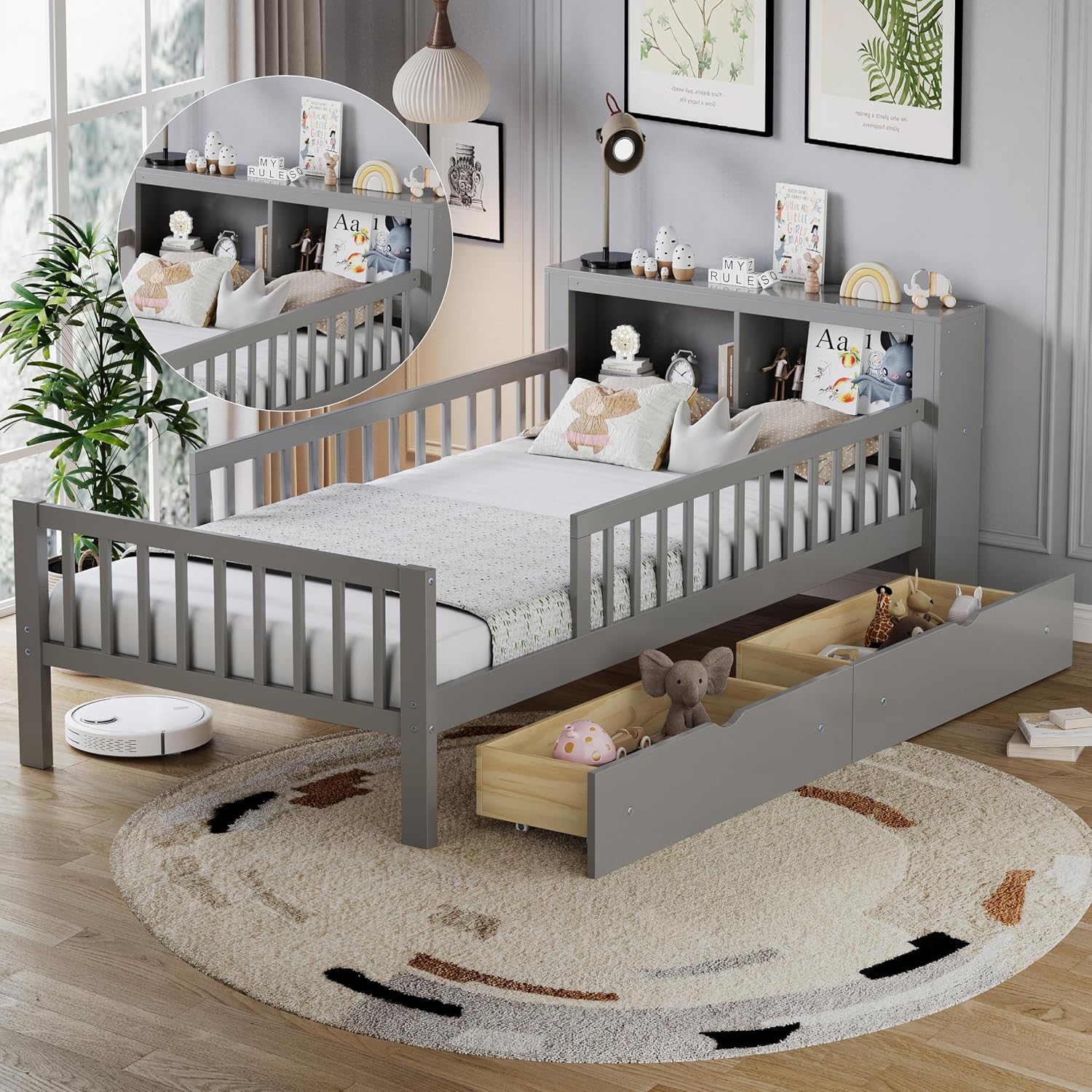 Kids Twin Size Bed Frame with Storage Drawers and Bookcase,Wood Twin Bed Frames for Kids,Twin Bed Frame with Headboard and Footboard for Boys Girls,No Box Spring Needed,Gray