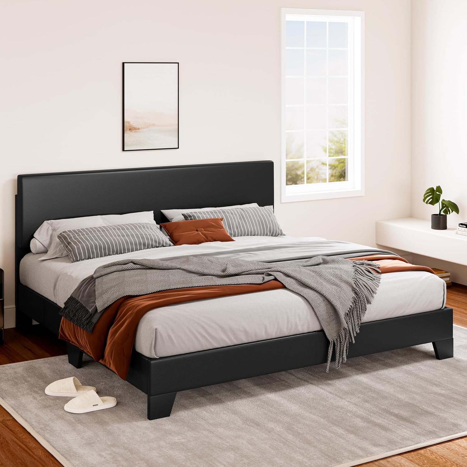 SHA CERLIN Black King Platform Upholstered Bed Frame with Faux Leather Adjustable Headboard,Wood Slats Support, No Box Spring Needed, Easy Assembly, Easy Clean Up