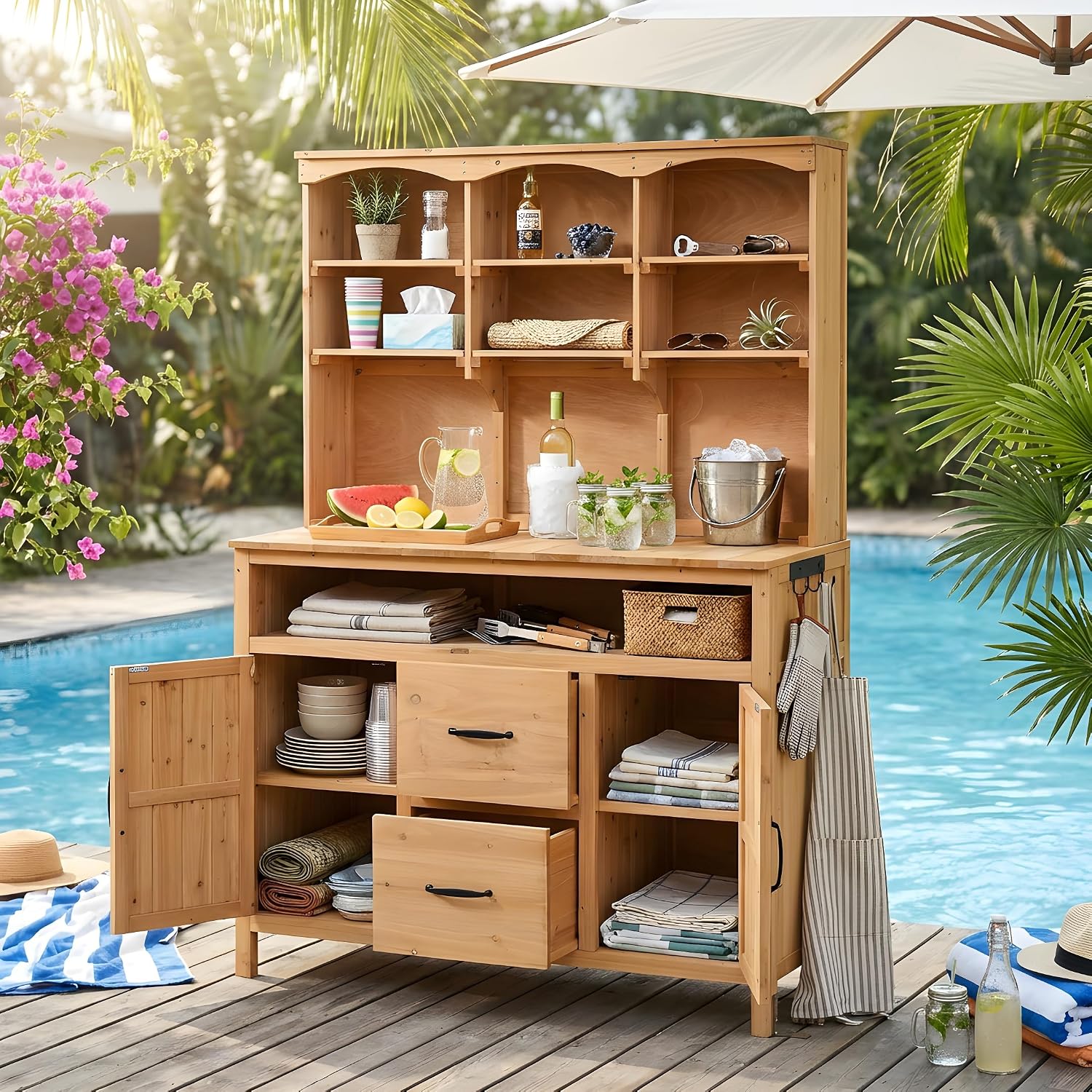 Polibi Large Fir Wood Potting Bench 45.3' Outdoor Patio Kitchen Island with Hutch, Cabinets, Drawers & Hooks, Multi-Functional Gardening Workbench for Grill, Natural Wood