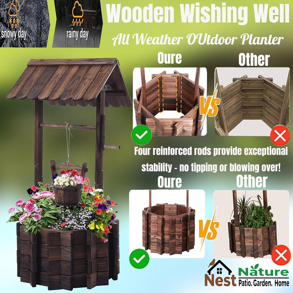 NestNature 21.75' Carbonized Wooden Wishing Well Planter for Outside, Rustic Outdoor Wishing Well with 4 Reinforced Rods & Hanging Bucket, Decorative Well Cover for Yard Garden Patio Lawn Backyard