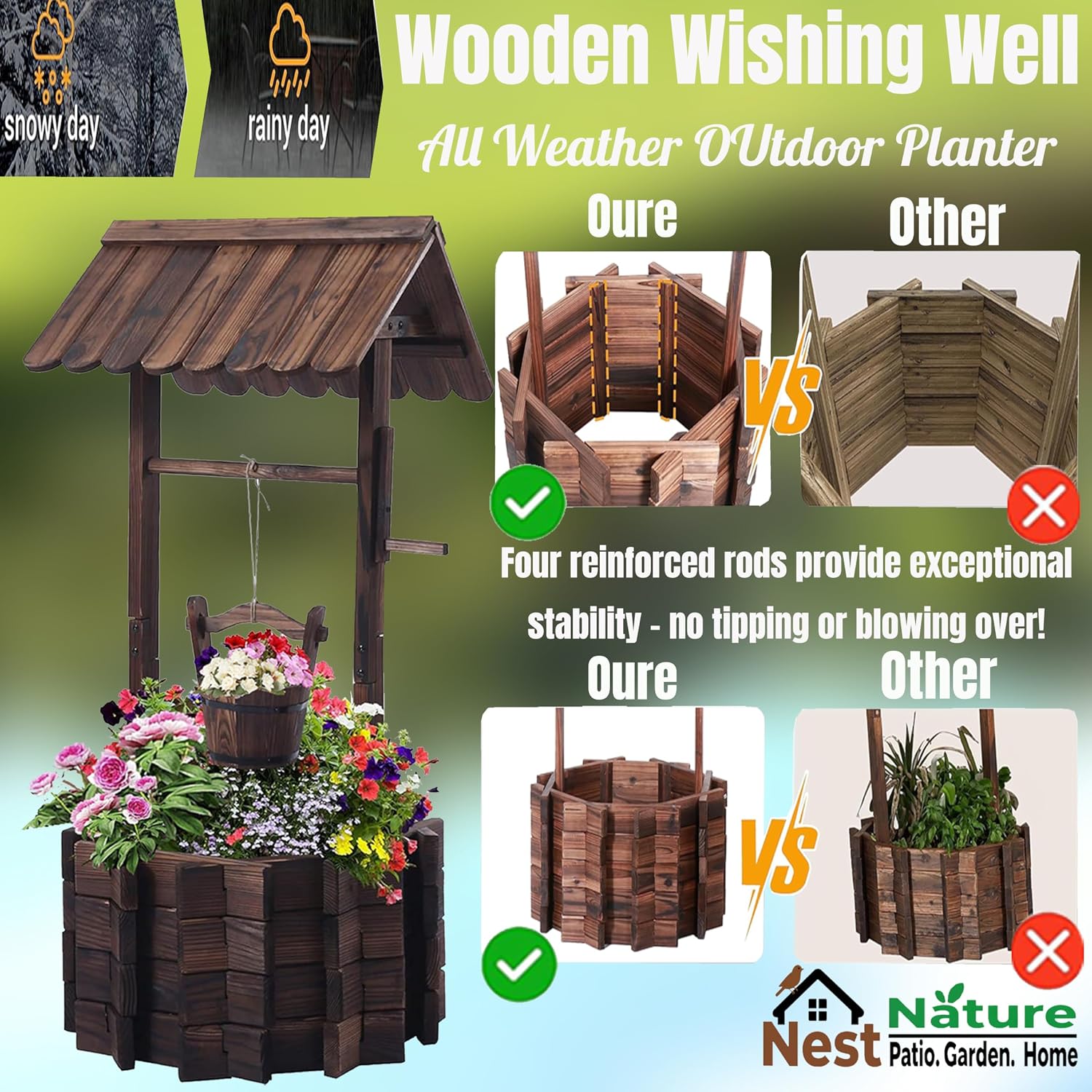 NestNature 21.75' Carbonized Wooden Wishing Well Planter for Outside, Rustic Outdoor Wishing Well with 4 Reinforced Rods & Hanging Bucket, Decorative Well Cover for Yard Garden Patio Lawn Backyard