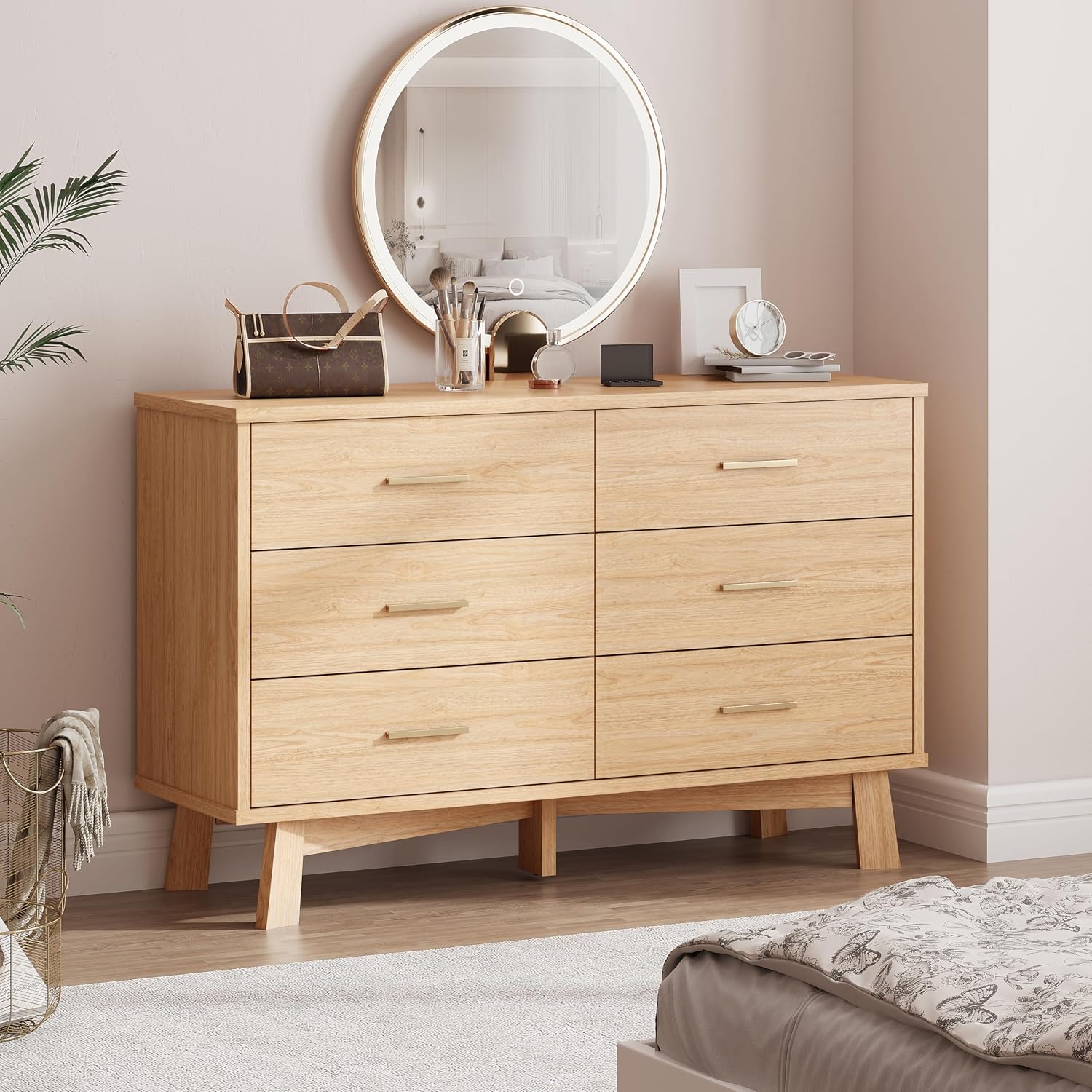 Xixini Dresser for Bedroom, 6 Drawer Wide Modern Chest of Drawers with X-Shaped Sturdy Base, Wood Double Dresser Closet Clothes Storage Organizer, Wooden TV Stand for Living Room, Hallway, Oak