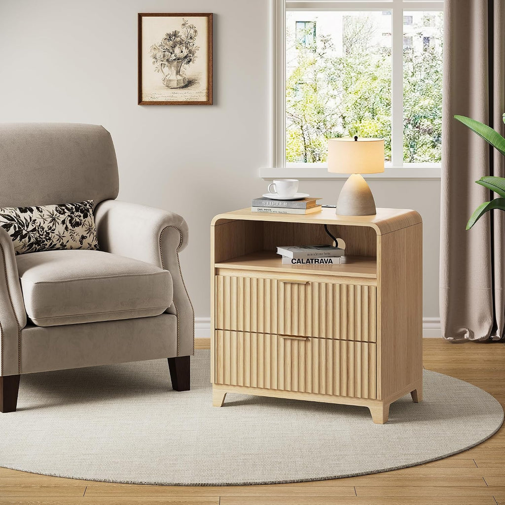 9 Drawer Dresser and 2 Nightstand Sets for Bedroom 3 Pcs Bedroom Set, Modern 57.9' Fluted Dresser with Metal Handles Nightstand Charging Station, Bedroom Furniture Set for Living Room, Natural