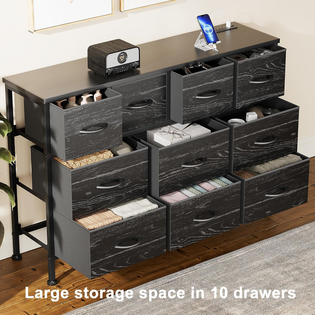Lulive Dresser for Bedroom 10 Drawer Dresser TV Stand with Power Outlet, Entertainment Center Chest of Drawers for 55 Inch TV, Black Fabric for Bedroom Living Room Hallway Closets