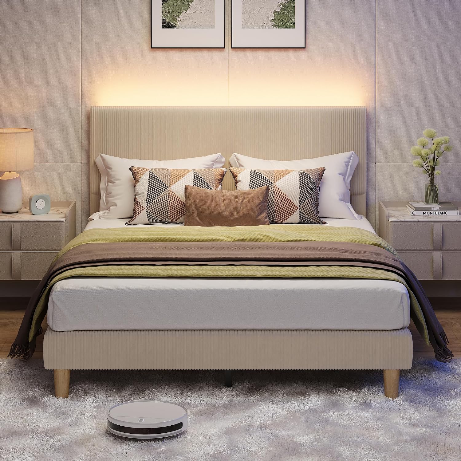 Bestier Queen Bed Frame with Adjustable Headboard, LED Lighting, Vertical Channel Tufted Corduroy Upholstered, Solid Wooden Slats Support, No Box Spring Needed, Never Squeaks, Easy Assembly, Taupe