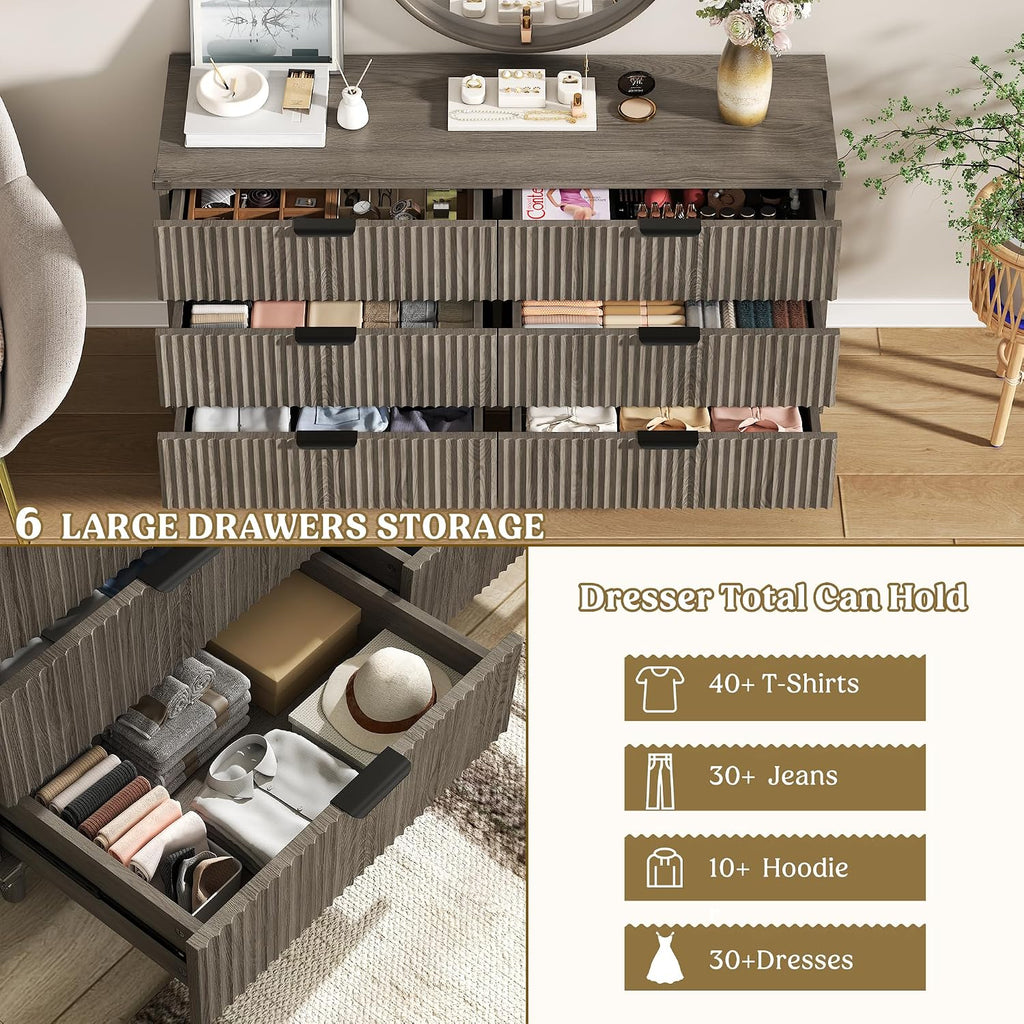 Lulive Wood Dresser for Bedroom with 6 Drawers, 53.2' Long Fluted Modern Chest of Drawers Storage Organizer, Dressers TV Stand for Living Room, Closet, Hallway (Dark Grey Oak)