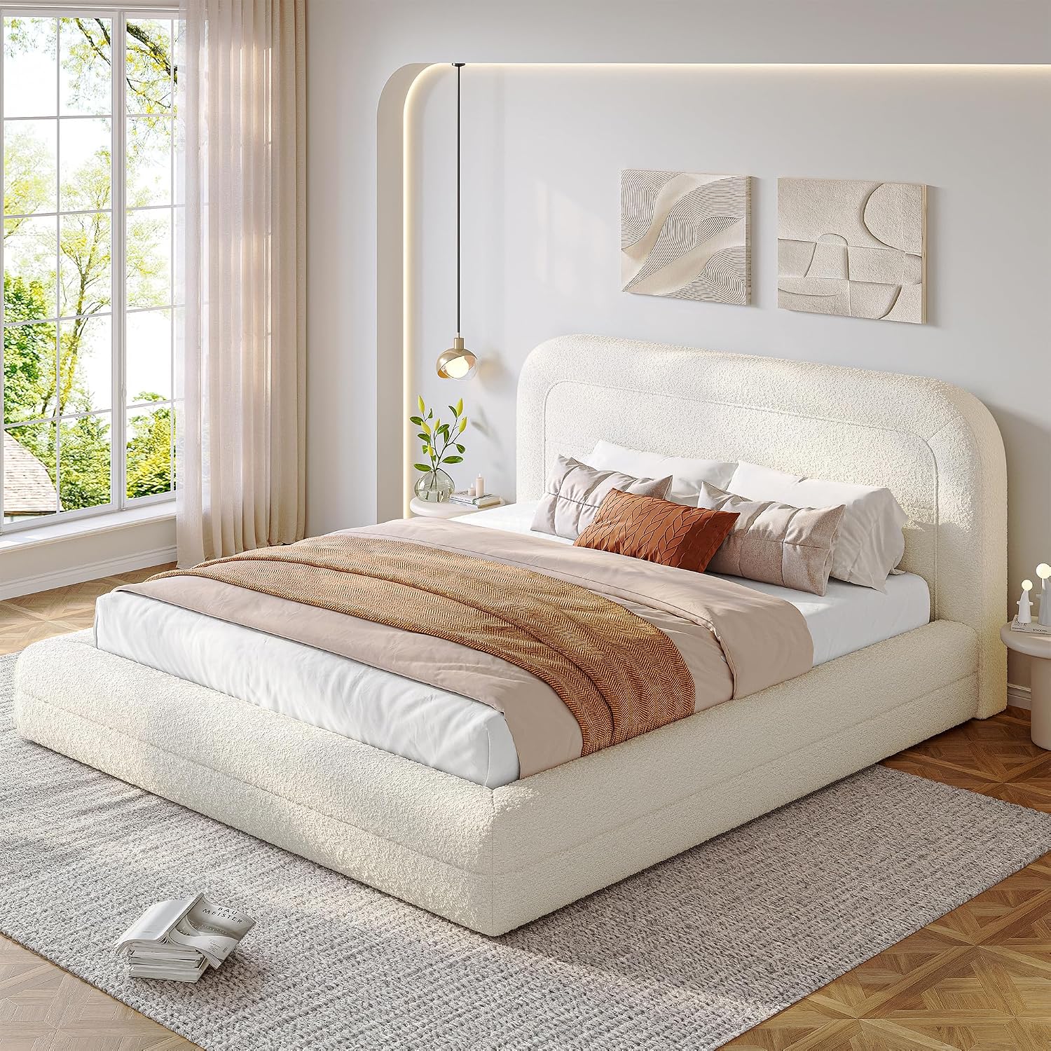 Homkdom Cloud Bed Frame with Headboard, Upholstered Soft Queen Bed Frame with Round Edges, Boucle Platform Bed for Modern Bedrooms & Apartment & Guest Rooms, No Box Spring Needed,Beige
