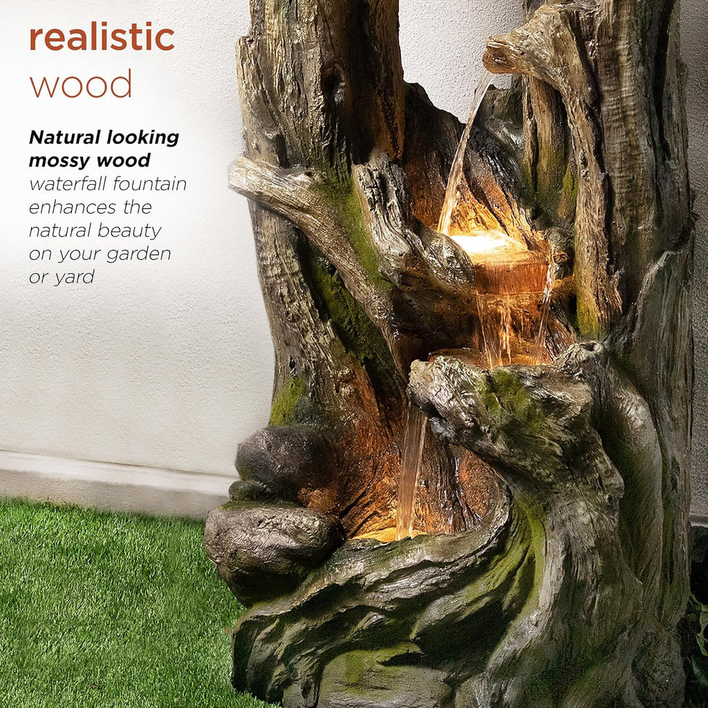 Alpine Corporation WIN1520 59' Indoor/Outdoor Floor 5-Tiered Tree Bark Water Fountain, Cascading Mossy Wood Waterfall Feature for Garden, Patio, and Yard, Brown