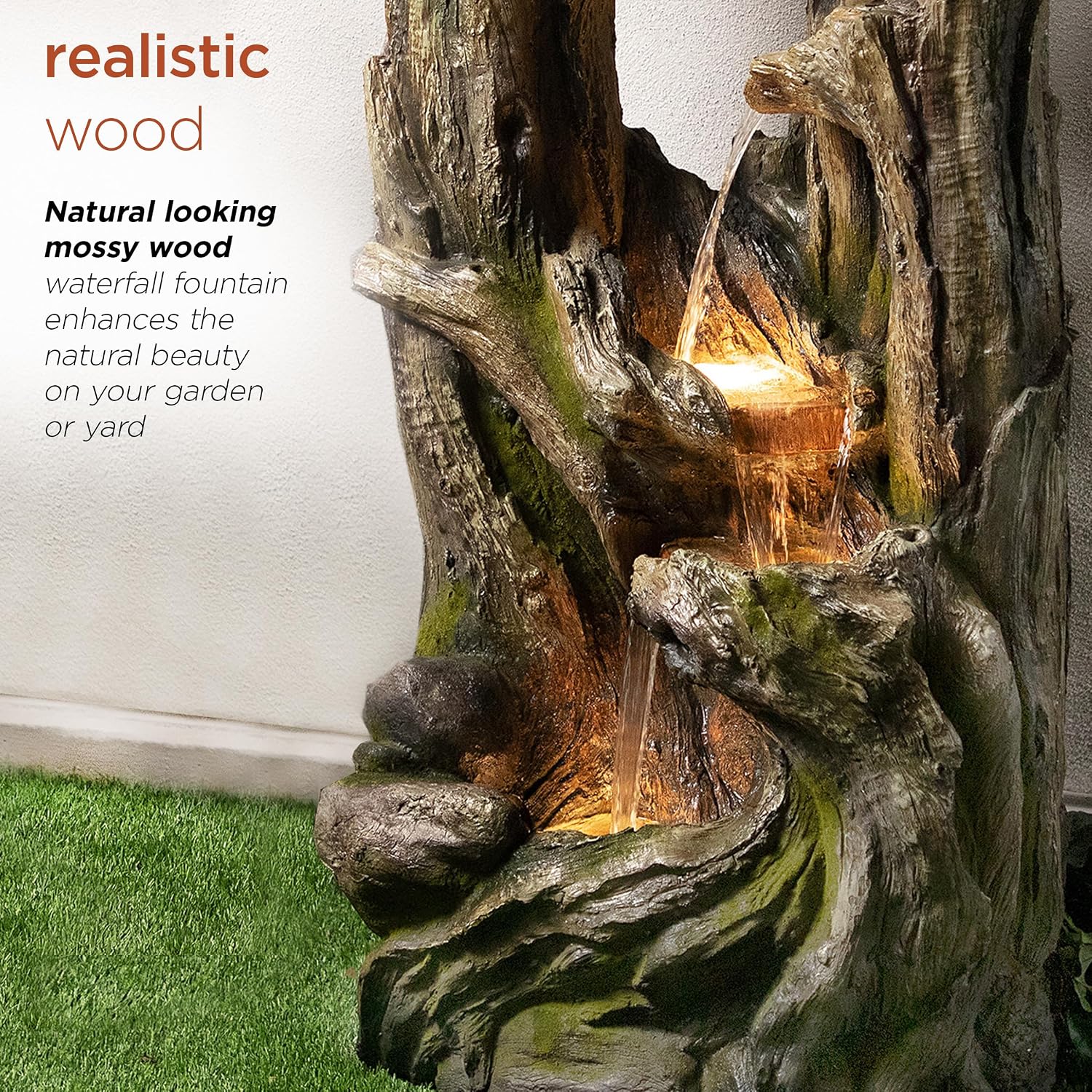 Alpine Corporation WIN1520 59' Indoor/Outdoor Floor 5-Tiered Tree Bark Water Fountain, Cascading Mossy Wood Waterfall Feature for Garden, Patio, and Yard, Brown