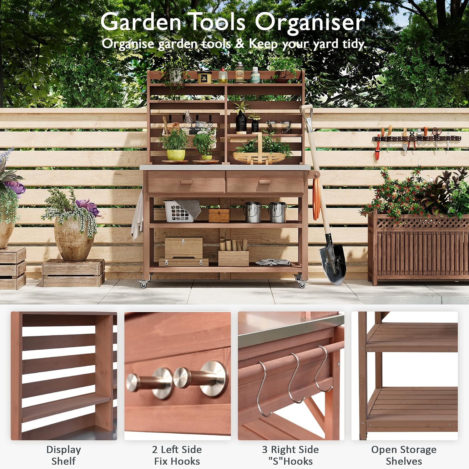 65' H Outdoor Potting Bench Table with Lockable Wheels, Wood Large Outdoor Kitchen Island Prep Station with Stainless Steel Top Waterproof Cover & Towel Rack for Outside Garden, Patio
