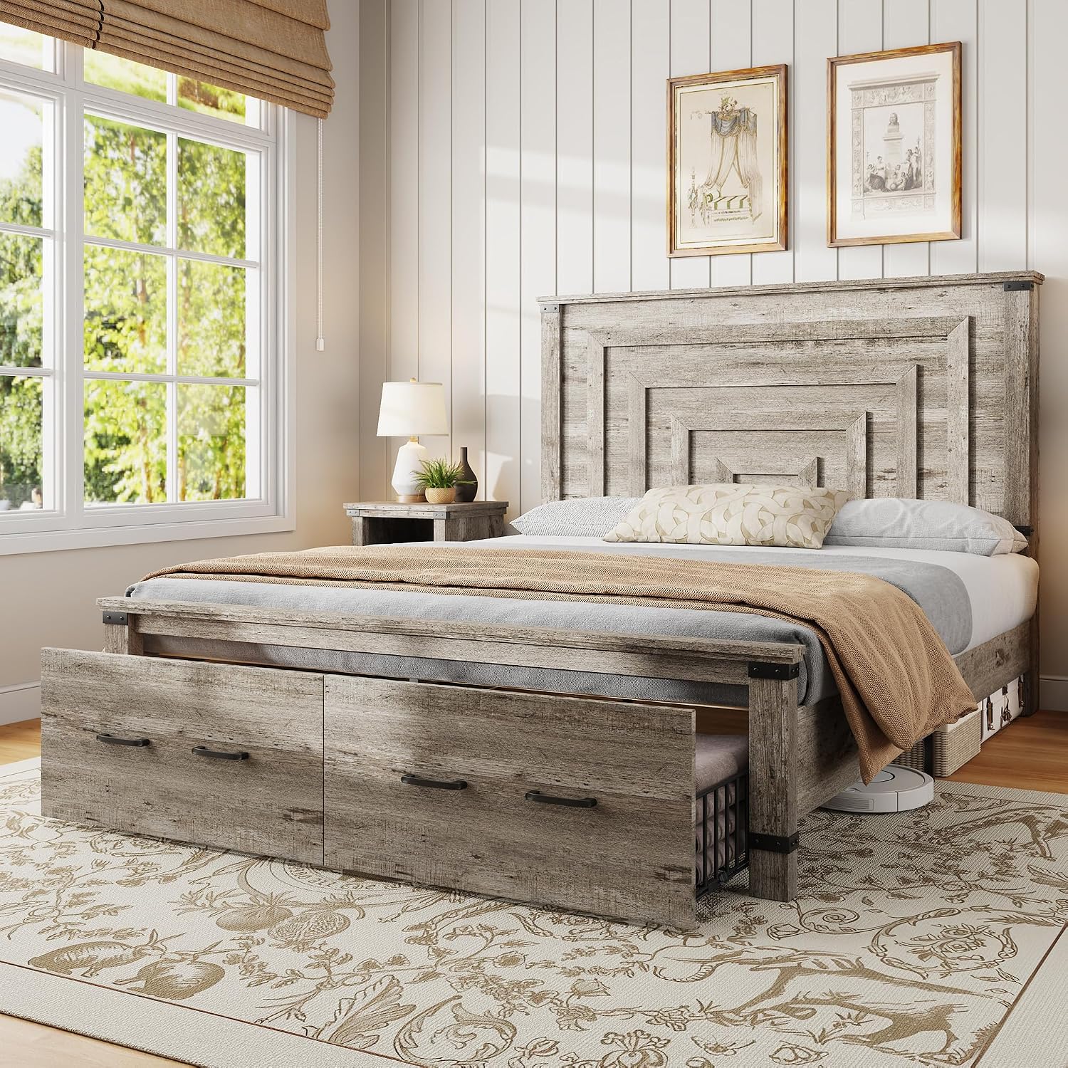 AMERLIFE Farmhouse Full Size Bed Frame with 54' Tall Geometric Headboard & Footboard, Rustic Wood Platform Bed Frame with Large Storage Drawers, Wood Slats Support, No Box Spring Needed, Rustic Grey