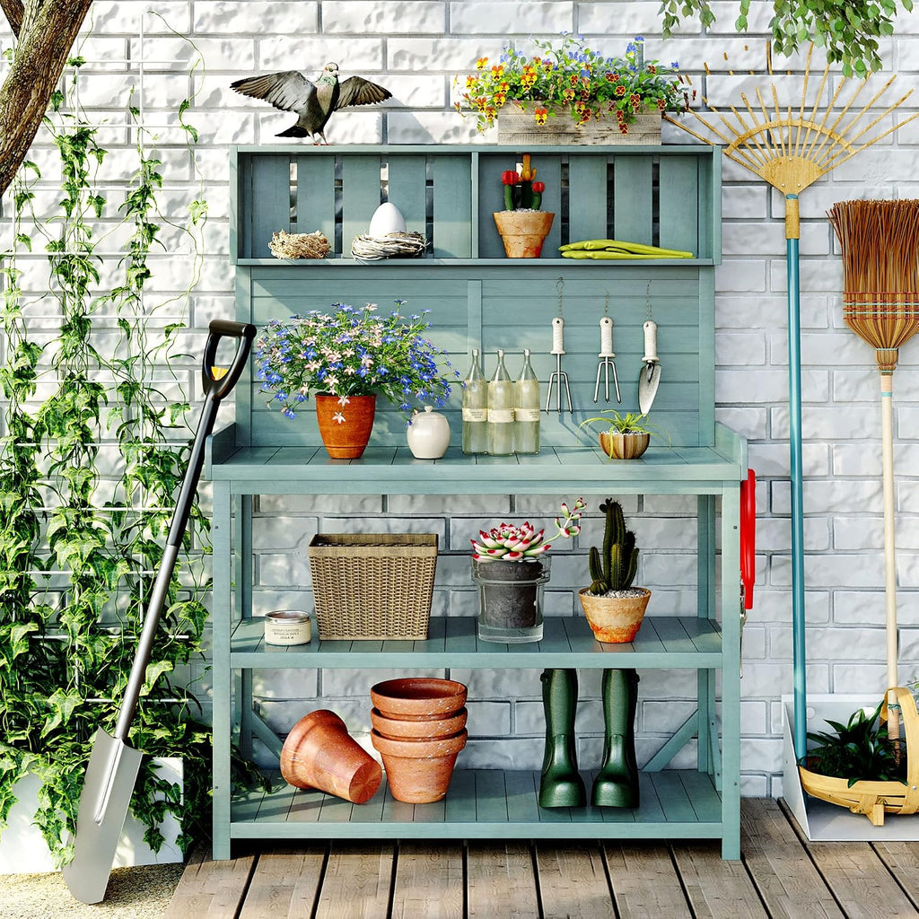 Outdoor Wooden Potting Bench Table – Farmhouse Garden Workstation with Drawers, Cabinet & Storage Shelves, Large Fir Wood Work Table for Patio, Backyard, Mudroom, Greenhouse (Green, 65'' H)