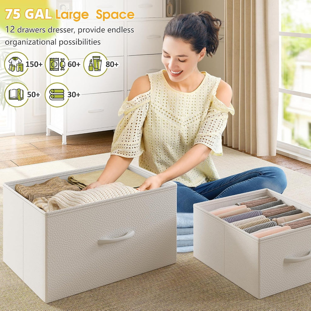 White Dresser for Bedroom with 12 Drawers & LED Lights,4 Open Storage Shelves, Fabric Dressers & Chests of Drawers for Living Room, Entryway, Dorm, Metal Frame, Wood Top,45.2' H x 35.4' W x 11.8' D
