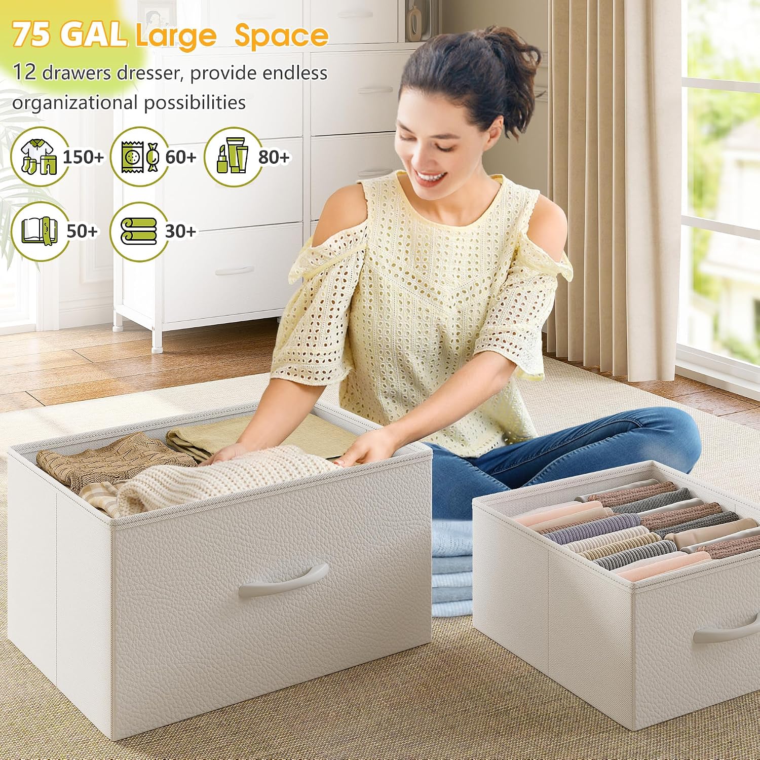 White Dresser for Bedroom with 12 Drawers & LED Lights,4 Open Storage Shelves, Fabric Dressers & Chests of Drawers for Living Room, Entryway, Dorm, Metal Frame, Wood Top,45.2' H x 35.4' W x 11.8' D